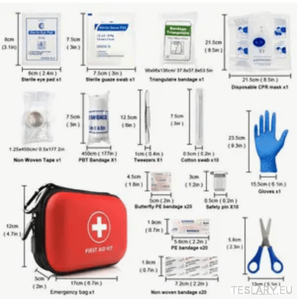Compact Emergency First Aid Kit ( 91 PIeces ) for your Tesla , BYD , MG or Other EV - TESLARY Tesla Shop Accessories Europe Nederlands Ireland Deutschland Espana Alicante France Italia