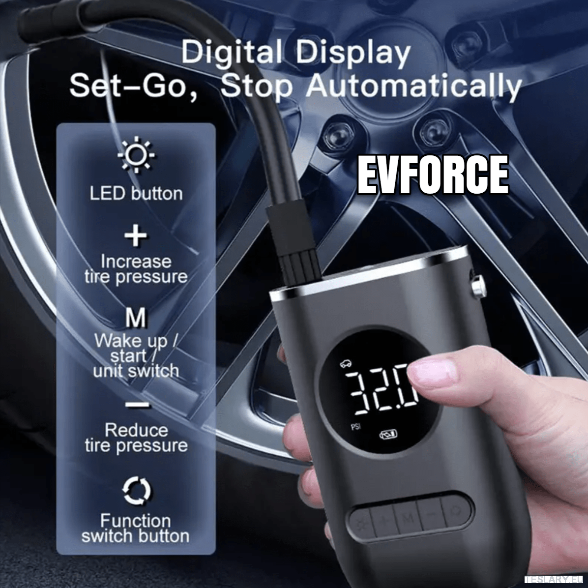 Portable Battery Powered Tyre Compressor for Tesla , BYD , MG & Other EVs - TESLARY Tesla Shop Accessories Europe Nederlands Ireland Deutschland Espana Alicante France Italia