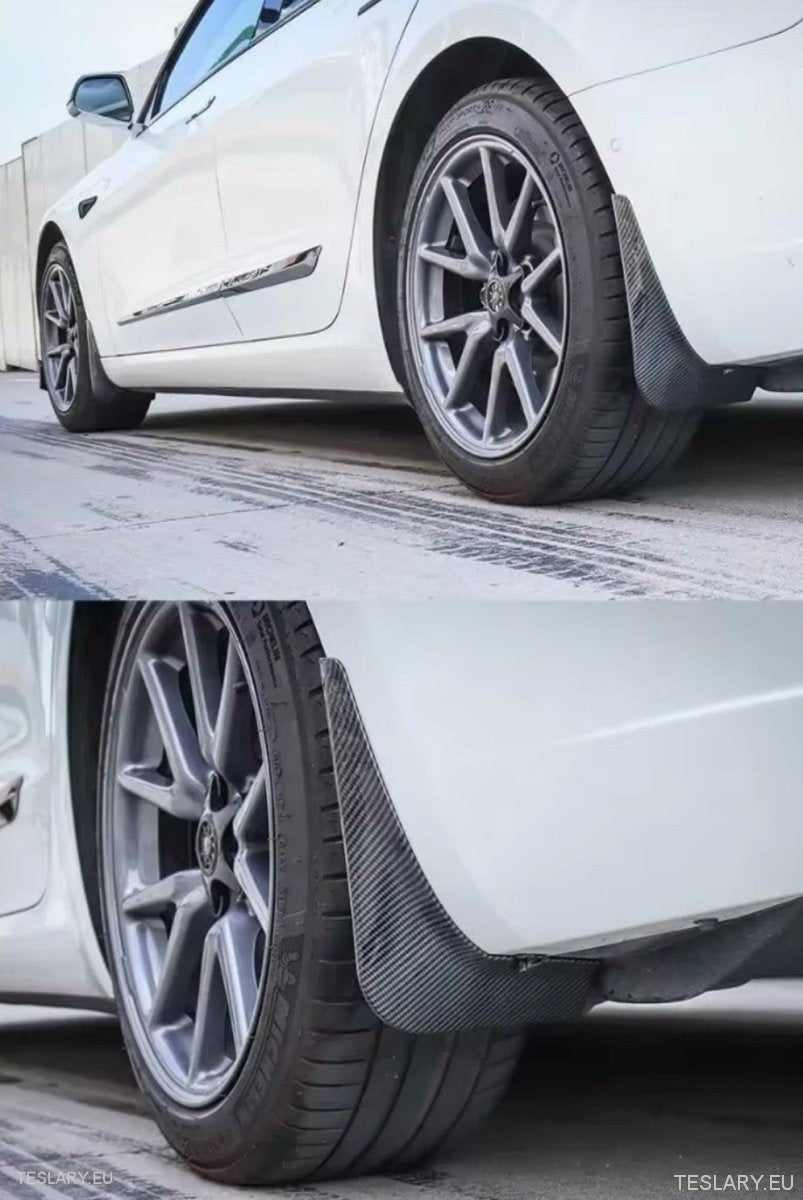 Tesla Model Y Mud Flaps / Splash Guards TPU / Black Carbon or White - TESLARY Tesla Shop Accessories Europe Nederlands Ireland Deutschland Espana Alicante France Italia