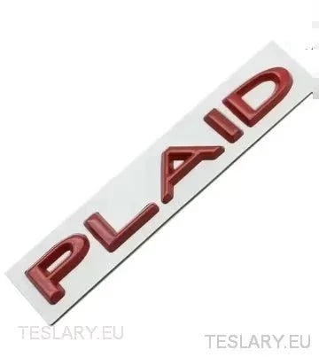 TESLA " PLAID " REAR LOGO EMBLEM IN CHROME & RED - TESLARY Tesla Shop Accessories Europe Nederlands Ireland Deutschland Espana Alicante France Italia